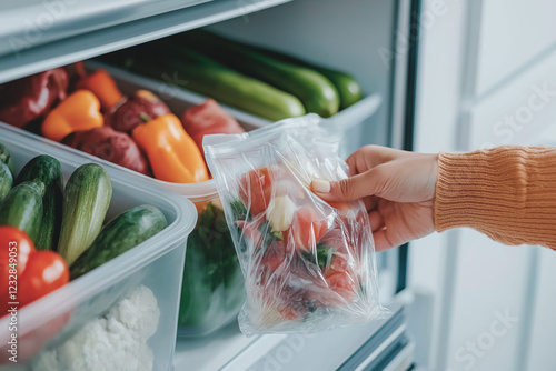 Hand placing frozen vegetables in a home refrigerator