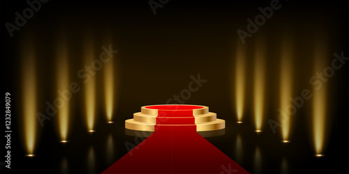Gold award podium with red carpet and vertical light rays on dark background. Empty 3d golden stage for luxury product presentation or winner ceremony. Realistic vector illustration.