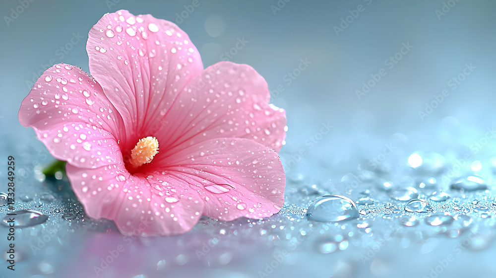 Pink flower, dew drops, blurred background, spa, wellness Pink flower, dew drops, blurred background, spa, wellness