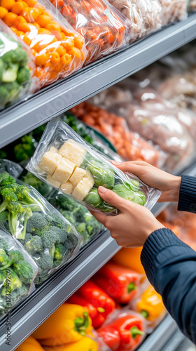 Hand selecting packaged frozen vegetables from a grocery store shelf