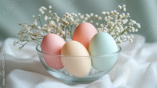 Colorful eggs and spring flowers arranged in a glass bowl near a window in so...