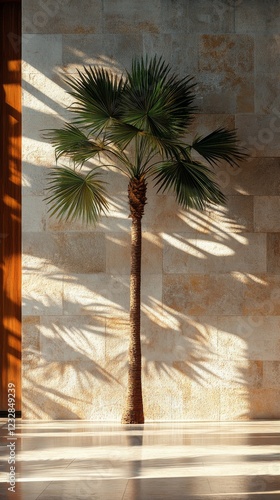 Tall palm tree casting a distinct shadow on an aged wall during sunny daylight