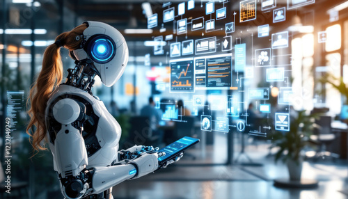 Wallpaper Mural Futuristic Female Robot Analyzing Data in Modern Office Torontodigital.ca