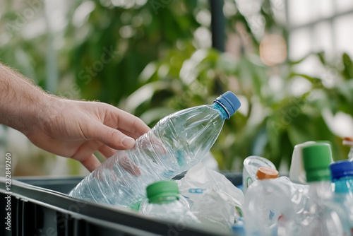 Hand placing a plastic bottle into a recycling bin