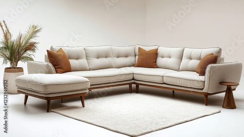 Cozy sectional sofa in a modern living room with large windows and greenery
