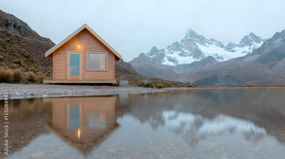 Naklejka premium Mountain cabin lake reflection, Andes landscape, tranquil evening