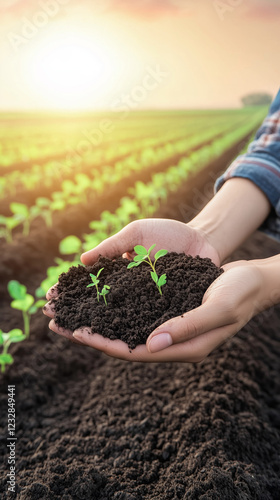 Farmer holding soil with seedlings in a field at sunrise