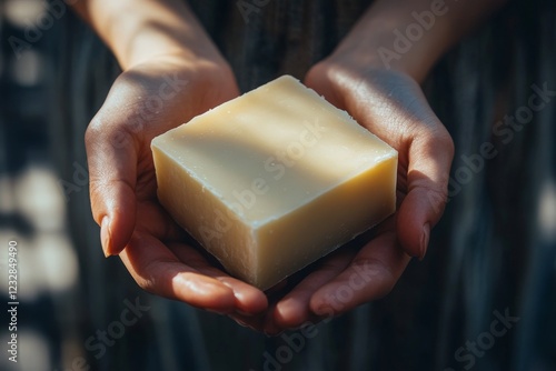 Person holding a square bar of soap in hands against a textured background