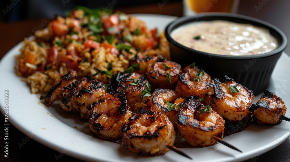 Plate of grilled shrimp skewers with a side of rice and a small bowl of dipping sauce. the shrimp are cooked to a golden brown color and appear to be seasoned with herbs and spices. Plate of grilled shrimp skewers with a side of rice and a small bowl of dipping sauce. the shrimp are cooked to a golden brown color and appear to be seasoned with herbs and spices.