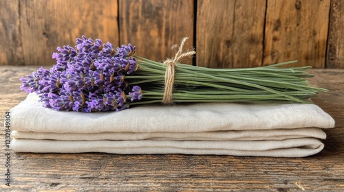 Fresh lavender bouquet placed on neatly folded linen towels for a tranquil ho...