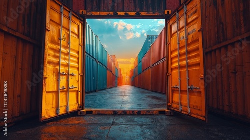 Sunset view through shipping containers at a bustling freight yard during dusk