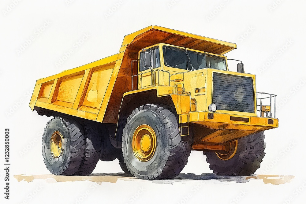 A large yellow dump truck, illustrated in a watercolor style against a white background A large yellow dump truck, illustrated in a watercolor style against a white background
