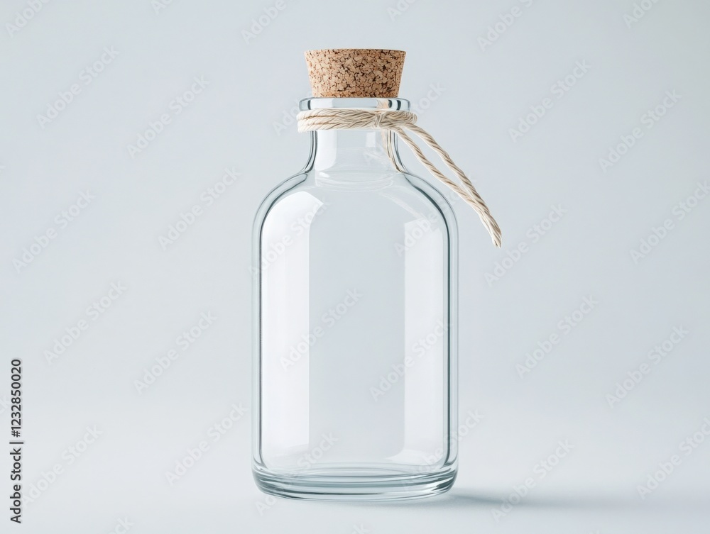 empty clear glass bottle with cork and twine on a light background empty clear glass bottle with cork and twine on a light background