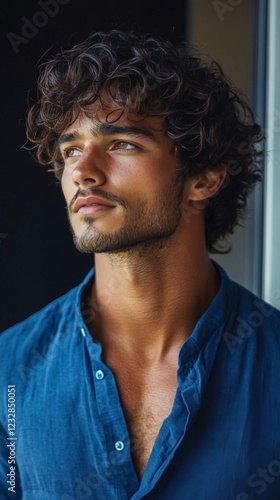 Young man with curly hair gazing thoughtfully out of a window during daylight