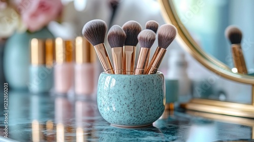 Elegant bathroom countertop with makeup brushes and skincare products on disp...