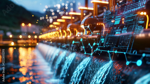 Close-up of a water treatment facility with illuminated valves and digital data visualization, showcasing technology integration
