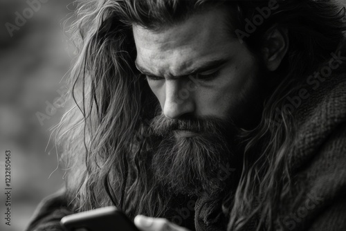 Man with long hair and beard using smartphone in urban setting at night