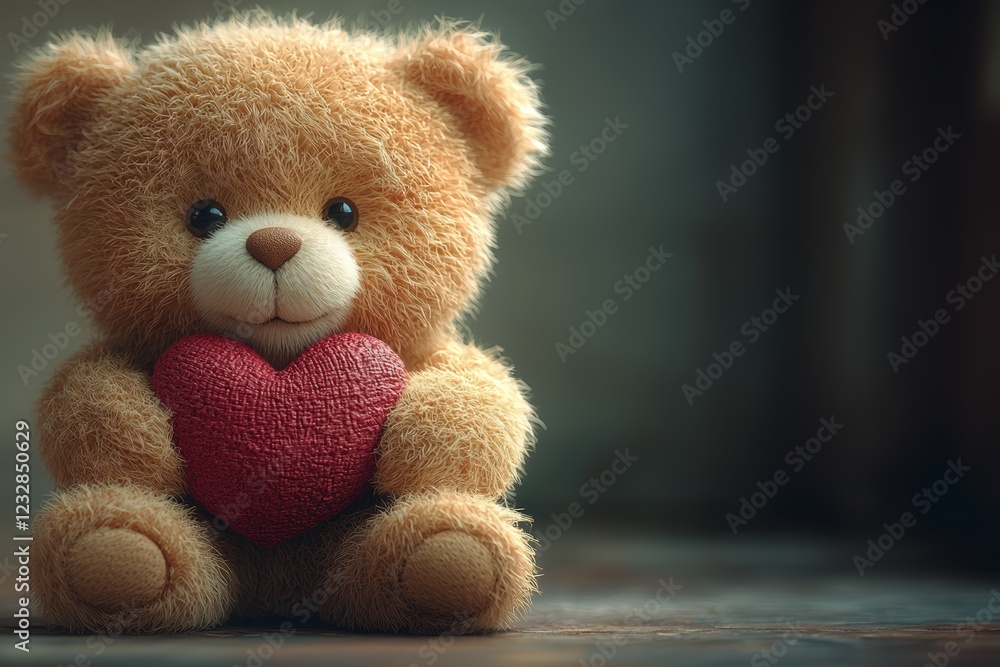 Obraz premium Illustration of a Plush Teddy Bear with Red Heart: Light Brown Plush Teddy Bear Sitting on a Surface, Holding a Red Heart. The Background is Blurred, Focusing Attention on the Bear.