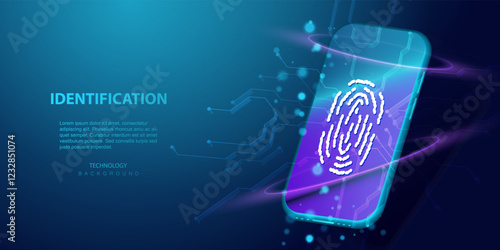 Identification your phone Fingerprint scanning to unlock mobile phone. Authorization technology Smartphone cyber security your identity vector. Fingerprint scan on circuit board background.
