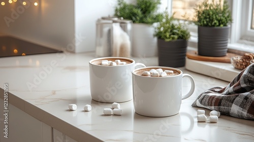 Warm cups of hot chocolate with marshmallows on kitchen counter during cozy w...