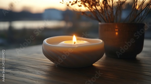 Calm and serene candle burning softly on a decorative plate in a cozy indoor ...