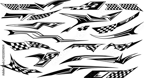 Sport car decal stripes. Car tuning finish flag stickers, speed racing stripes. White markings for transport. Isolated on black b