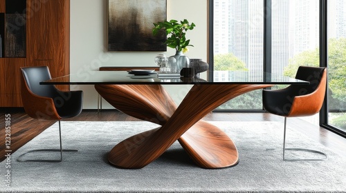 Contemporary dining area featuring a unique wooden table and stylish chairs i...