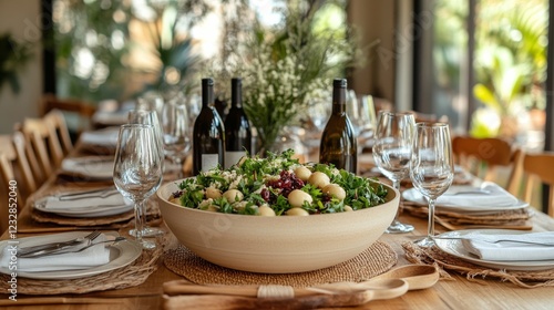 Fresh salad bowl in modern kitchen with city view during daylight hours