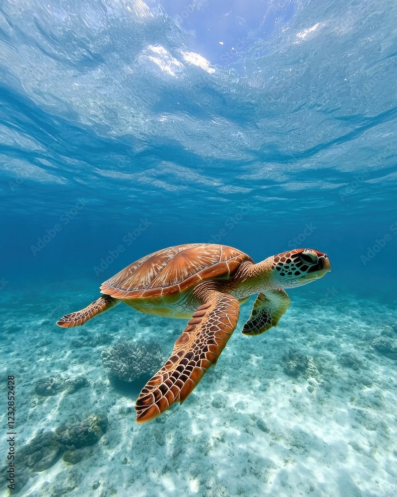 Obraz premium A vibrant sea turtle glides gracefully through clear blue waters, showcasing its intricate shell patterns amidst a serene underwater landscape.