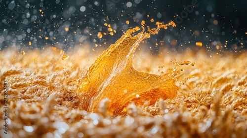 Dynamic splash of lager beer forming a barley field pattern against dark gray background photo