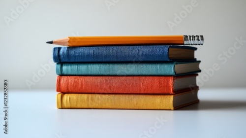 Stacked vintage books with a yellow pencil on a white background in an indoor...