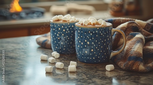 Warm cups of hot chocolate with marshmallows on kitchen counter during cozy w...