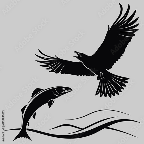 a bird catching a fish in mid-air silhouette vector design art and illustration