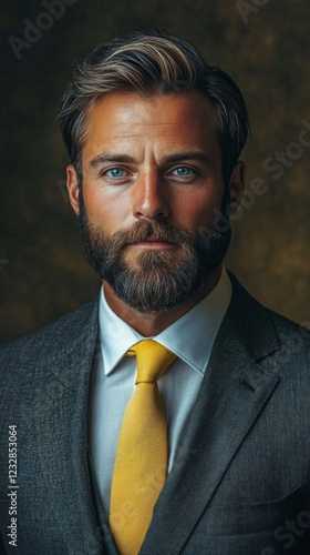 Smartly dressed man with beard and blue eyes poses confidently in a studio se...