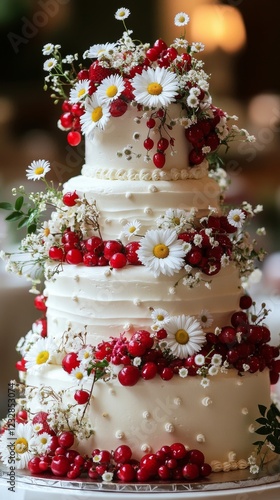 Exquisite three-tier wedding cake adorned with fresh berries and daisies at a...