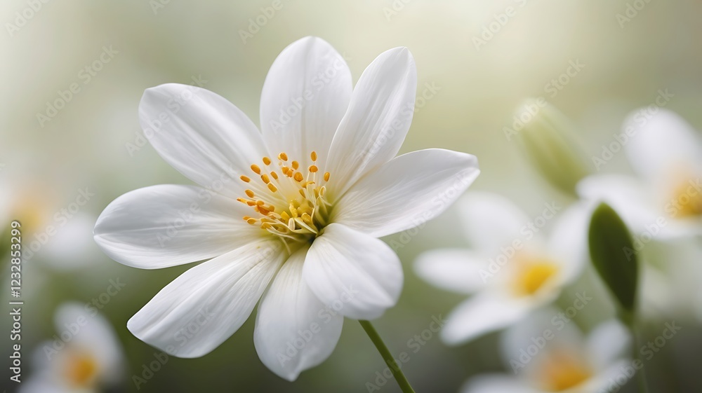 Beautiful white flower, White flower of an anemone, A close up of a white flower with yellow center and white petals Beautiful white flower, White flower of an anemone, A close up of a white flower with yellow center and white petals