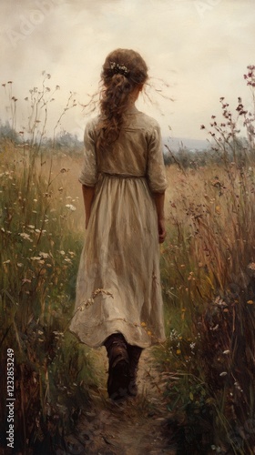 Girl in a blue dress walking through a vibrant meadow on a sunny day