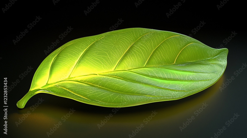 Fototapeta premium Glowing Green Leaf Isolated on Black Background