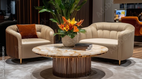 Elegant living room with marble flooring and stylish furniture in a modern in...