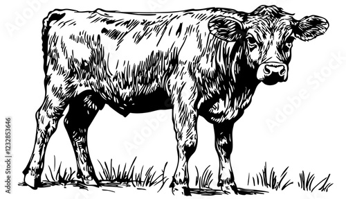 Artistic Cartoon Cow Line Art High-Quality Monochrome Design, Sketch, No Background 