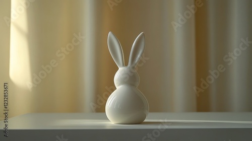 White ceramic rabbit decoration on a minimalist table with dried plants in a ...