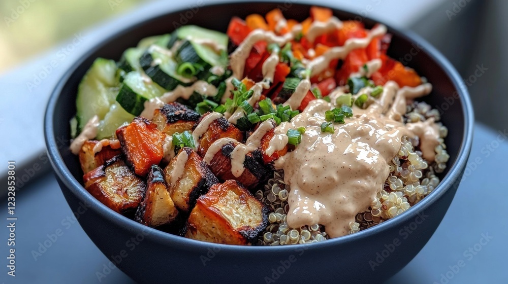 Close-up of a bowl of food. the bowl is black and is placed on a blue tablecloth. the food appears to be a salad with a variety of ingredients. Close-up of a bowl of food. the bowl is black and is placed on a blue tablecloth. the food appears to be a salad with a variety of ingredients.