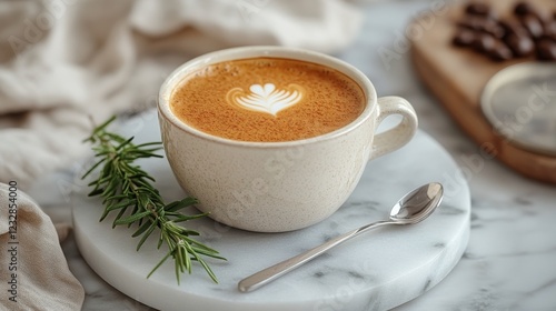Creamy latte art displayed in a cozy setting with herbs and coffee beans nearby