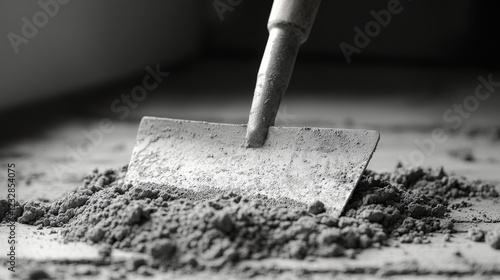 Construction work in progress with a trowel on fresh mortar at a construction...