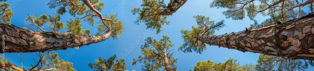 Panoramic photograph of pine trees from the bottom to the top, clear blue sky. Panoramic photograph of pine trees from the bottom to the top, clear blue sky.