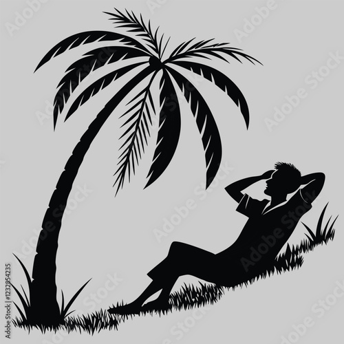 a man resting under a palm tree silhouette vector design art and illustration