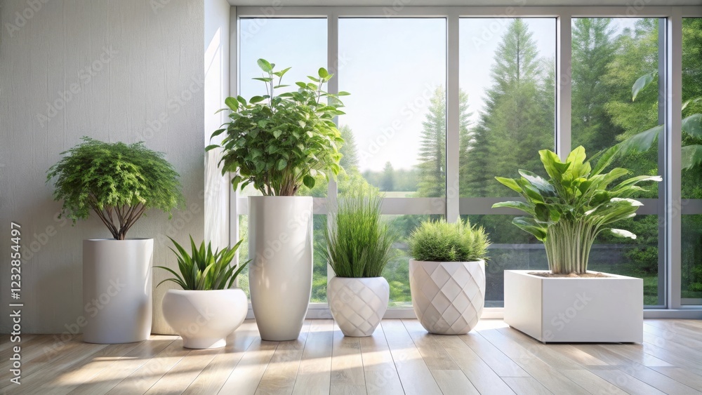 Enhance your indoor garden with a minimalist white planter in a bright living room setting Enhance your indoor garden with a minimalist white planter in a bright living room setting