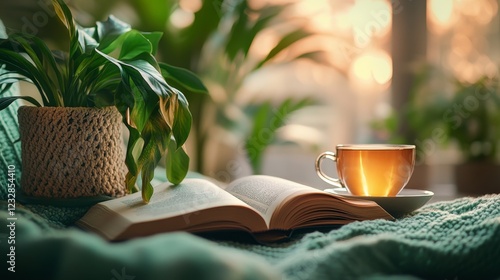 Cozy morning with coffee and a book by the sunny window with plants
