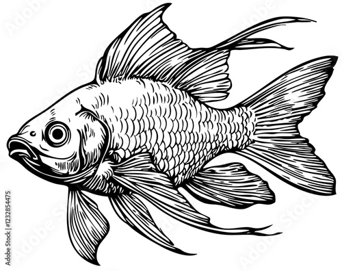 Artistic Tropical Fish Line Art High-Quality Monochrome Design, Sketch, No Background 