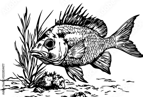 Artistic Tropical Fish Line Art High-Quality Monochrome Design, Sketch, No Background 